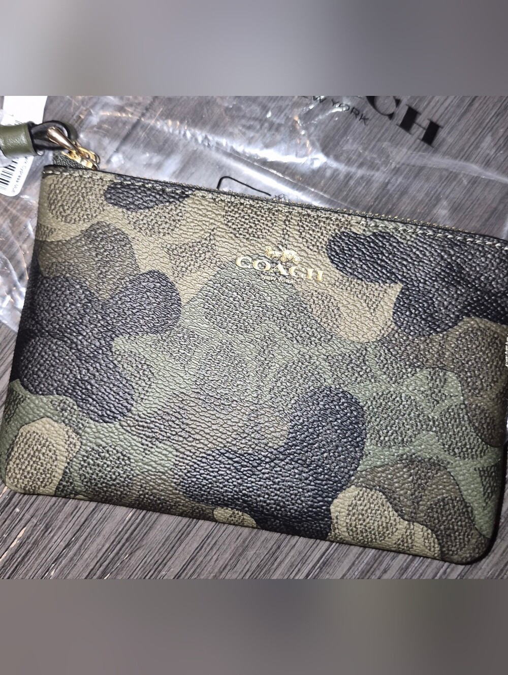 Coach Green Camo Zip Pouch Wristlet with Gold Logo